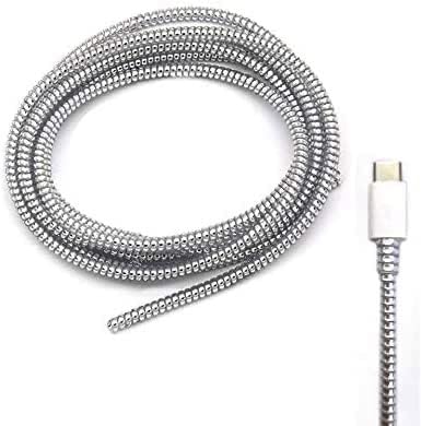 Image of J'TTON Spiral Metallic Color (2 Pcs) 1.4 Meters Each-Full Size Cord Charger Protector Winder for iPhone & Android USB Charging Cable, Earphones, Lightning (Silver)