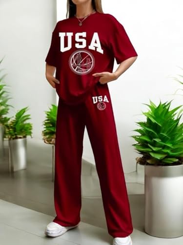Image of My Swag USA Graphic Print Cotton Loungewear Set, T-Shirt and Pants, Casual Comfort Wear