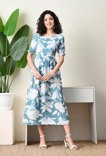 Image of Ichaa Women's Aqua Rayon Printed Maternity Dress with Feeding Zips and Pocket, in Plus Sizes