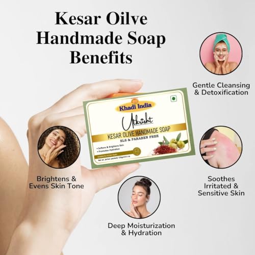 Image of Khadi Kesar Olive Handmade Bathing Soap Bar 125g (Pack of 5) | Natural & Herbal | Hydrating, Glowing & Brightening Skin | For Even Skin Tone | All Skin Types | For Men & Women