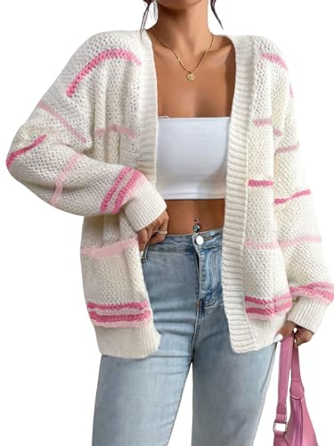 chouyatou Women Fall Lightweight Rainbow Striped Cardigan Sweater Open Front Casual Oversized Cardigan Top