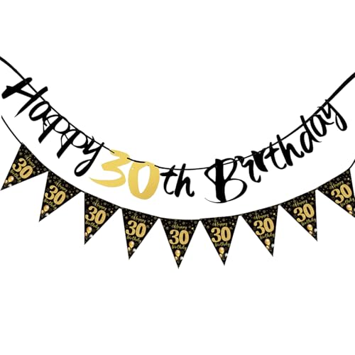 30th Birthday Decorations Happy 30th Birthday Banners Black And Gold Party Decoration Bday Banner Bunting Ceiling Topper Paper Backdrop Party Decs for Him Boy Girls Men Women Friends