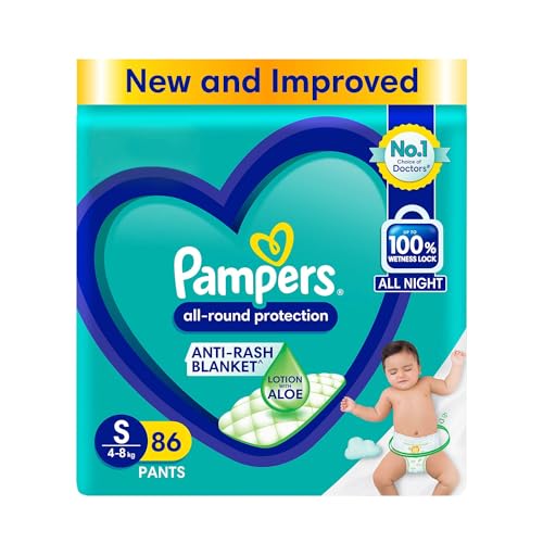 Pampers All round Protection Pants Style Baby Diapers, Small (S) Size, 86 Count, Anti Rash Blanket, Lotion with Aloe Vera, 4-8kg Diapers