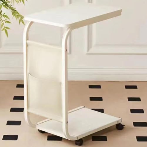 Shally Dogan Tavolino Ausiliario per Divano e Letto con Ruote Girevoli, Tavolo da Caffè e Appoggio, Supporto Carrello con Borsa Portaoggetti, Ideale per Soggiorno, Camera da Letto, Cameretta (Bianco)