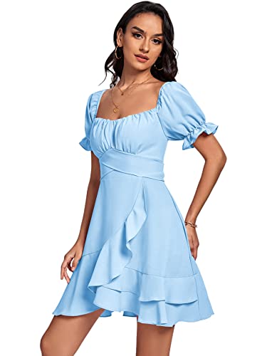 Lyaner Women’s Square Neck Ruffle Wrap Mini Dress Off Shoulder Flounce Short Sleeve A Line Flowy Dress Light Blue Medium #TOP2