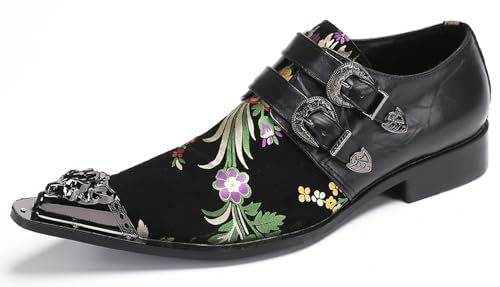 Santimon Men's Metal Tip Toe Loafers-Stylish Mens Dress Slip-Ons for Wedding, Party, Prom-Leather Casual Shoes with Double Buckle and Floral
