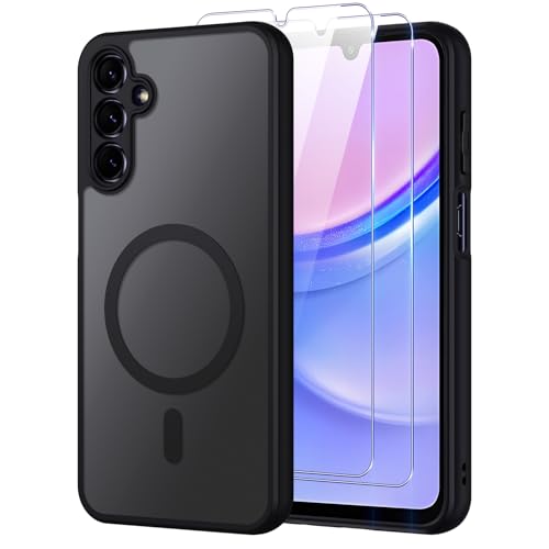 Oelrstfe Coque pour Samsung Galaxy A15 4G/5G Compatible avec MagSafe avec 2 Verre Trempé, Magnétique Etui Translucide Mat Arrière Housse, Protection D'objectif Ultra...