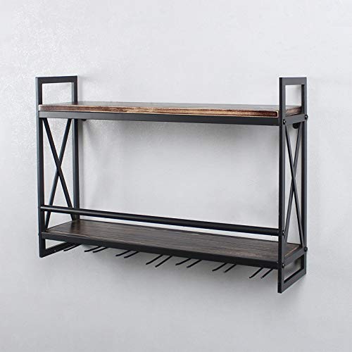Mbqq Rustic Wall Mounted Wine Racks With 7 Stem Glass Holder,30In Industrial Metal Hanging Wine Rack,2-Tiers Wood Shelf Floating Shelves,Home Room Living Room Kitchen Decor Display Rack,Retro Black #TOP7