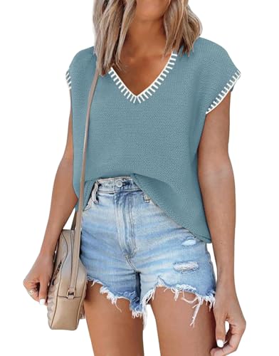 Image of SAUKOLE Women's Sweater Vest Casual V Neck Cap Sleeve Knit Pullover Tops | 2026 Spring Clothes, Soft Knit Shirts, Short Sleeves T-shirts, Tunic Blouses, Sweater Tank Tops