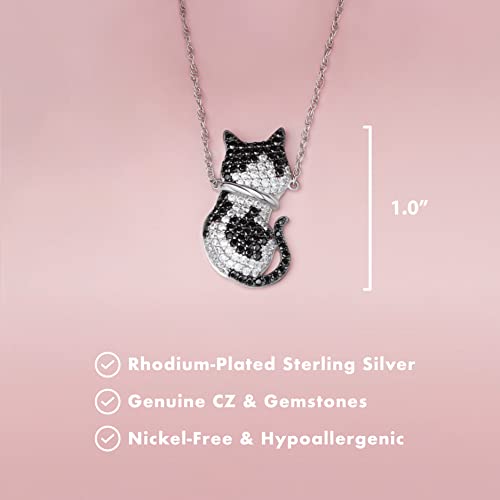 Scamper & Co Cool Cat Pendant Necklace For Women And Girls - Genuine Gemstone And Cubic Zirconia Kitten Charm With Elegant Fish Pattern Backplate On Real, Premium Plated Sterling Silver Chain With Easy Closure Lobster Claw Clasp, 18 Inch #TOP3