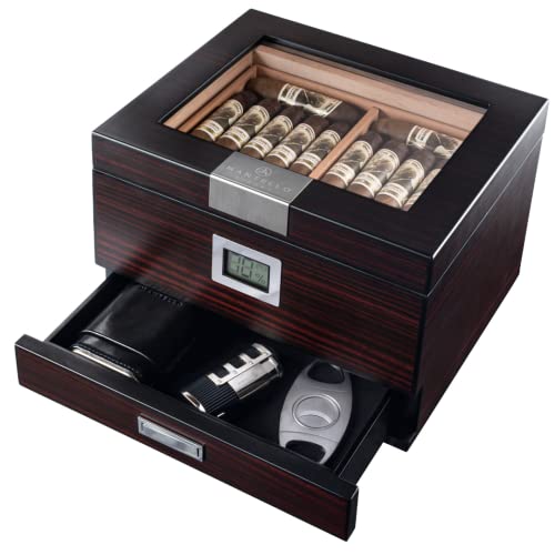 Mantello Cigars Humidor, Humidor Cigar Box with Drawer for Cigar Accessories - Humidor with Digital Hygrometer - Cigar Humidors - Holds 25-50 Cigars