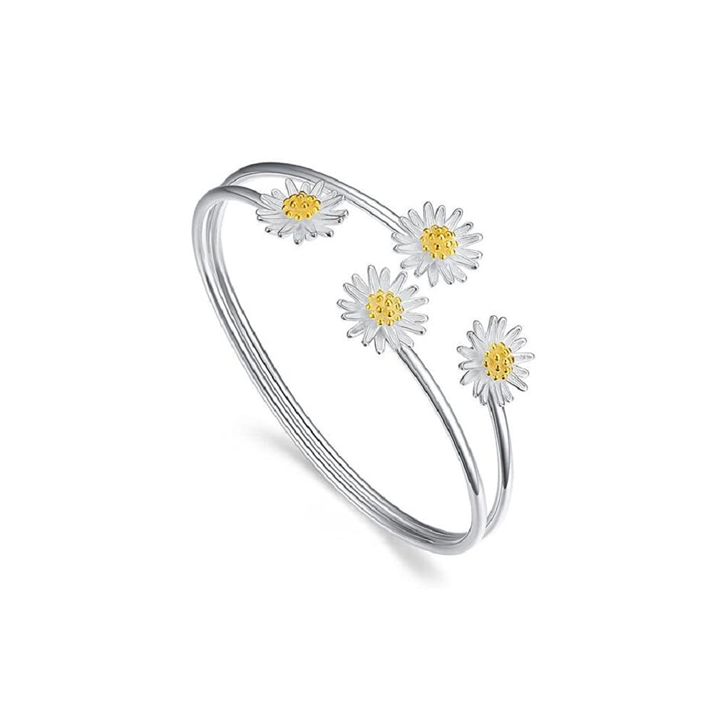 Women's Elegant Three-dimensional Flower Charm Open Bangle Daisy Sun Flower Multilayer Cuff Bracelet Wedding Party Jewelry Gift