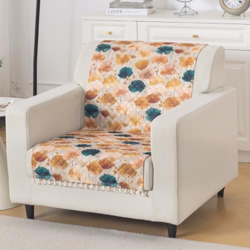 Image of HOKIPO Boho Wildflower Quilted Sofa Cover with Tassels 1 Seater for Seat & Back, (152x60 cm), 'Tassel Twigs' Series (IN-989-T11)