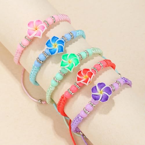 5pcs Hawaiian Plumeria Rubra Bracelets for Women Bohemian Woven Tropical Flower Charms Bracelet Handmade Braided Boho Beach Jewelry Party Gifts4