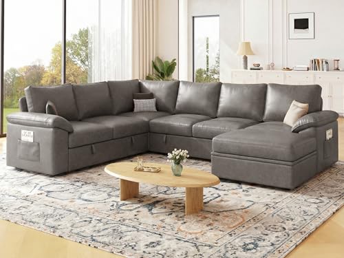 Image of 108 Inch Faux Leather Modular Sectional Sofa with Pull Out Bed,U Shaped 7 Seat Sectional Sleeper Sofa with Storage,Sectional Couches for Living Room,Cloud Modular Couch,Gray Leather