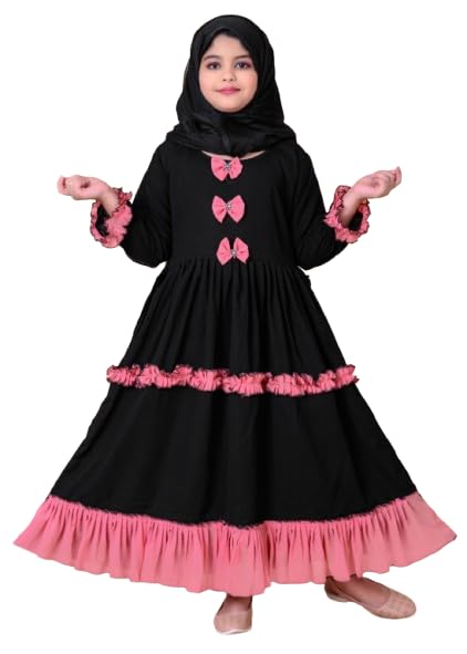 Girls Islamic Modest Abaya Dress, Black with Pink Bow Embellishments, Hooded Long Sleeve with Ruffled Tiers, Cotton Blend, Age 6-12 Years-picture-21