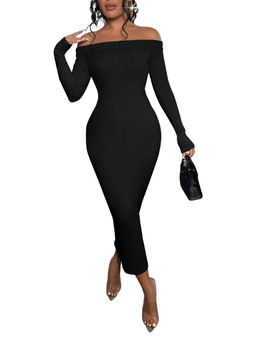 Womens Long Sleeve Long Dress Outfits Clothes Off Shoulder Bodycon Dresses