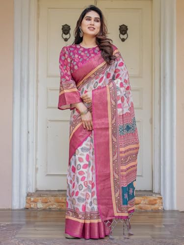 Image of ALMAARI FASHION Floral Printed Cotton Saree for Women with Handloom Zari Weave, Traditional Lightweight Ethnic Saree for Wedding Festive Office Party with Blouse Piece (LINEN 81-90 SH)
