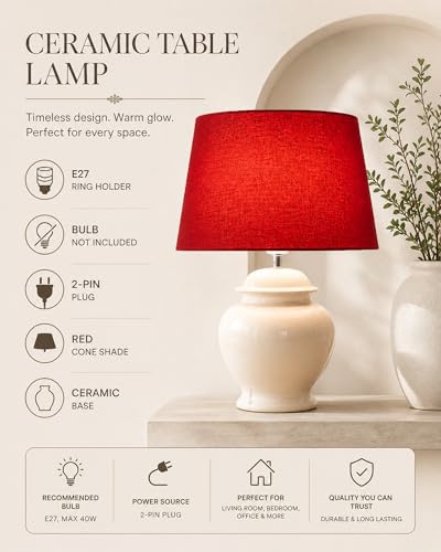 Image of Homesake Antique Ceramic Pot Shaped Base Table Incandescent Lamp With Shade, Vintage Night Incandescent Lamp Decoration, Home Decor Items | Pack Of 1 -Red