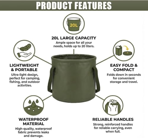 Image of Multipurpose Foldable Water Bucket 20L | Premium PVC Bucket | Portable Leakproof Water Carrier for Camping, Gardening & Car Wash (20 Liter Green)