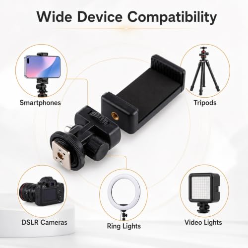 Image of Universal Phone Holder Mount with Hot Shoe Adapter | 1 /4-Inch Thread, Adjustable Smartphone Clamp for Tripod, DSLR Camera, Selfie Stick, Vlogging & Video Recording