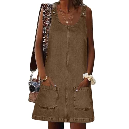 Image of Xaspee Denim Overall Dress for Women Casual Mini Sleeveless Jean Vintage Jumper Skirt Dress with Pockets