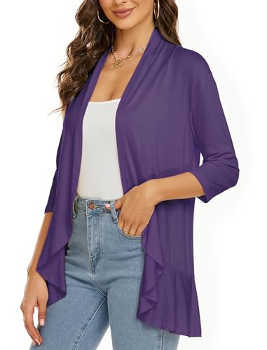 Image of YnimioAOX Women's Cardigan Lightweight Open Front 3 /4 Sleeves Draped Ruffles Knit Cardigan Sweaters