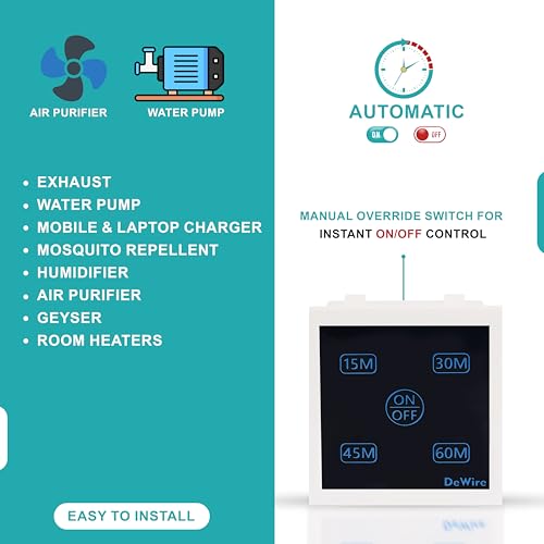 Image of DeWire Auto Cut Off Timer 1 Way Switch For Water Motor Pump,Water Heater,Exhaust Fans,Mosquito Repellent,Humidifier,Air Purifier,Room Heaters & Lighting Loads Up To 10 AMPS (15,30,45,60 Mins),White