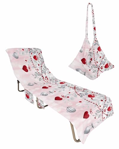 Red Grey Love Heart Beach Lounge Chair Towel Cover, Soft Chaise Lounge Towel with Side Pockets Patio Pool Chairs Cover for Beach/Pool Sunbathing 29x85 Pink Valentines Botanical