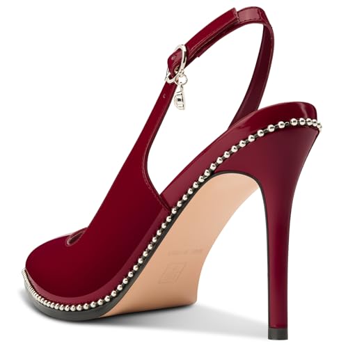 Image of NobleOnly Slingback Beaded Pumps for Women High Stiletto Heel Pointed Toe Slip-on Dress Sandals Adjustable Buckle Rhinestone Patent Leather 3.9 Inches Heels
