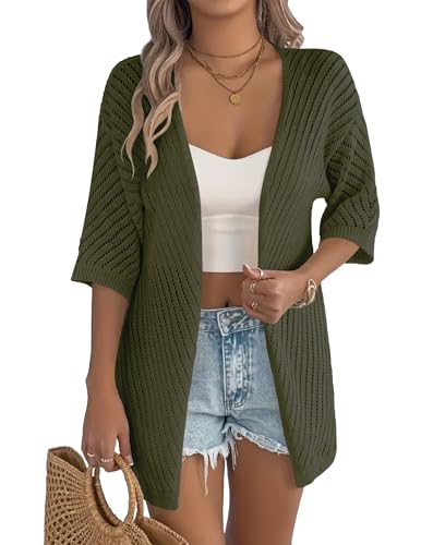 Image of Zeagoo Lightweight Summer Cardigan for Women Short Sleeve V Neck Crochet Kimonos Loose Open Front Hollow Out Cover Ups