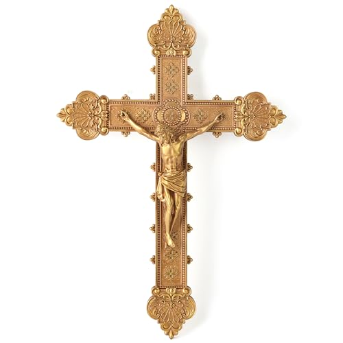 BC Catholic Crucifix Wall Cross, Jesus Christ Religious Home Decor, Catholic Wedding Gift, Gold Color Finish, 12