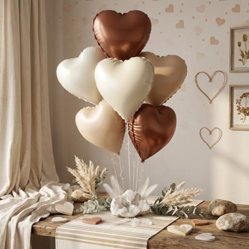 Image of Atpata Funky Boho Theme Foil Balloons - White Sand, Nude Cream, Tan Brown Caramel Shades - Stars and Hearts Shape - for Weddings, Birthdays, Baby Showers, and Party Decorations (6pcs, Hearts)