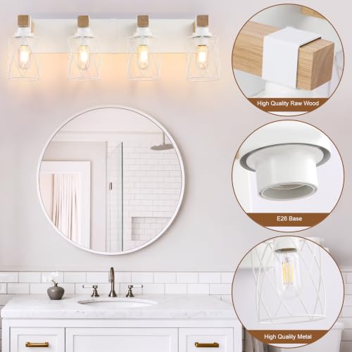 Image of Farmhouse 4-Light Wood Bathroom Vanity Light, White Metal Cage Shade