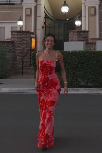 Image of Women Strapless Floral Dress with Sarf Mesh Tube Maxi Dress Summer Cocktail Wedding Guest