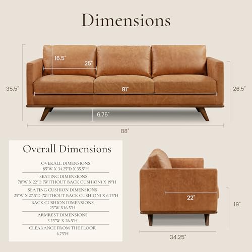 Image of POLY & BARK Nolita 85 inch Leather Sofa - Full-Grain Italian Aniline Leather, Feather-Down Comfort, Solid Wood Base - Cognac Tan