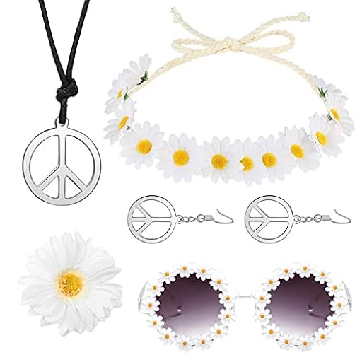 Conjunto de Disfraz Fiesta Hippie para Mujer, 6pcs Disfraz Fiesta Costume Set, Collar y Pendientes Signo de La Paz, Gafas de Sol, Flores Diadema Hippie para Retro de Los Años 60,70 Accesorios | Ya disponible en tu tienda friki favorita! En mundofriki.es!