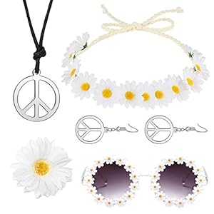 Conjunto de Disfraz Hippie para Mujer, 6pcs Hippie Costume Set, Collar y Pendientes Signo de La Paz, Gafas de Sol, Flores Diadema Hippie para Retro de Los Años 60,70 Accesorios Disfraz Fiesta Hippie