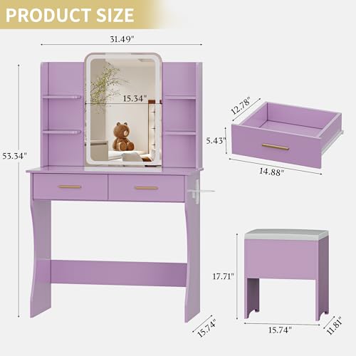 Vanity Desk with LED Lights Mirror & Power Outlet, Small Makeup Vanity Table Set with Storage Drawers & Chair, 3 Lighting Modes & Adjustable Brightness, Dressing Table for Women Girls Bedroom, Purple