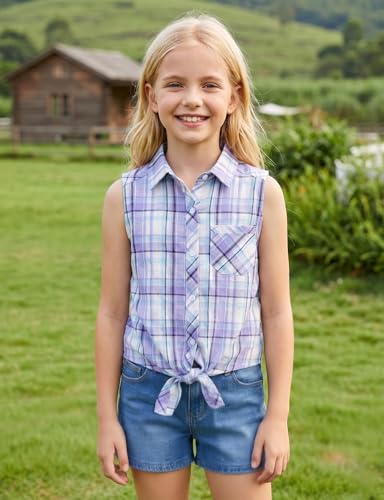 Image of Noomelfish Girls Sleeveless Button Down Shirt Tie Knot Blouse Western Cowgirl Outfit (5-12 Years)