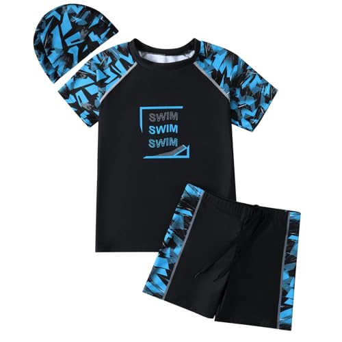 Hotfiary Traje de Baño para Niños, Traje de Baño para Niños Grandes y Camiseta de Manga Corta con y Gorro de Baño, Conjunto de Traje de Baño de Dos Piezas con Camiseta Corta 8 9 10 11 12 13 14 15 Año