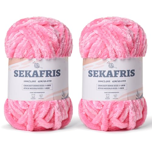 Image of Chenille Velvet Soft Yarn Pink 2 Pack | 200g /98.4yds Fuzzy Chunky Chenille Yarn for Crocheting Plush Yarn for Hand Knitting Amigurumi Fluffy Yarn
