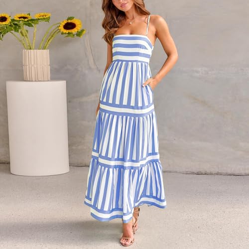 Image of Yuemengxuan Boho Maxi Dresses for Women Spaghetti Strap Flowy Smocked Long Dress Casual Summer Vacation Beach Maxi Dress