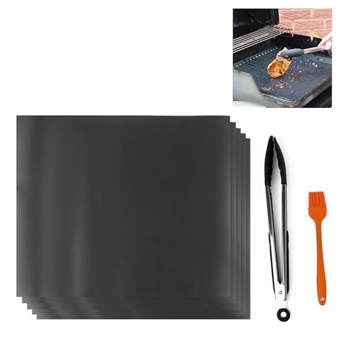 DIVCHI BBQ Grill Mats 5 Pcs Mat Non-stick Barbecue Grill & Baking Mats For Baking on Gas Charcoal Oven And Electric Grills - Reusable - Free 12 BBQ Tongs And 1 Silicone Brush