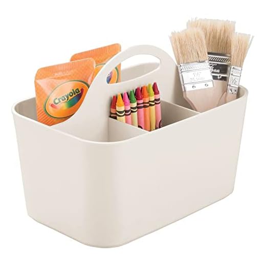 mDesign Cesta de plástico portátil – Cestas de almacenaje pequeñas para manualidades o como costurero – Organizador de lápices, botones, tijeras y pinturas – gris claro