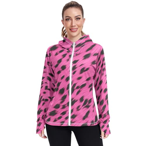 UMIRIKO Pink Leopard Print Pattern Women's UPF 50+ Sun Protection Jacket Hoodie Rash Guard Shirt with Pockets M 202a3485