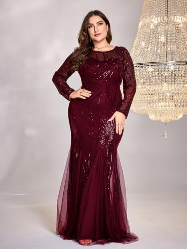 Image of Plus Size Long Sleeve Sequin Evening Dress Glitter Mermaid Long Gown for Mother of The Bride Or Wedding Guest