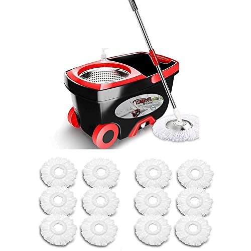 Mop and Bucket with Wringer Set with 12 Replacement Microfiber Mop Heads Refills Cleaning Bucket with Washable Mop Heads
