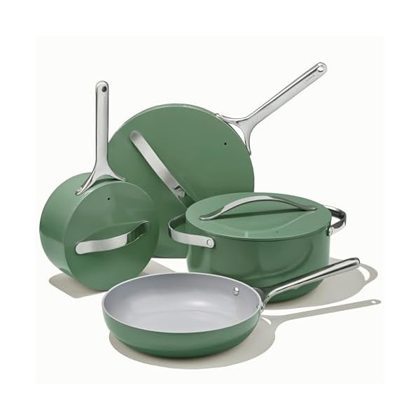 Caraway nonstick ceramic cookware set 12 piece pots pans lids and kitchen storage non toxic oven safe compatible with all stovetops sage  urban country home decor