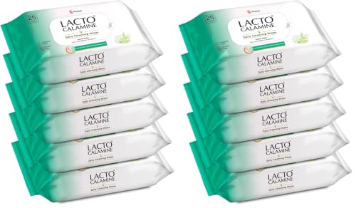 Image of Lacto Calamine Daily Cleansing Face Wipes 25N Each - Pack of 10 | Makeup Remover Wipes | Wet Tissue for Face with Aloe Vera, Cucumber & Vitamin E | Wet Wipes for Women & Men | Paraben & Alcohol Free